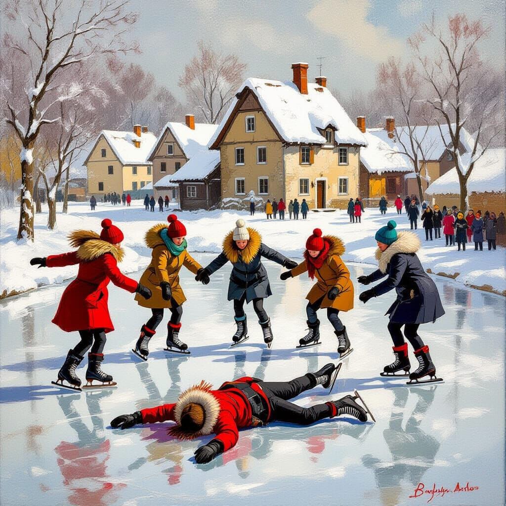 Baroque Ice Skaters Tumble on Frozen Pond