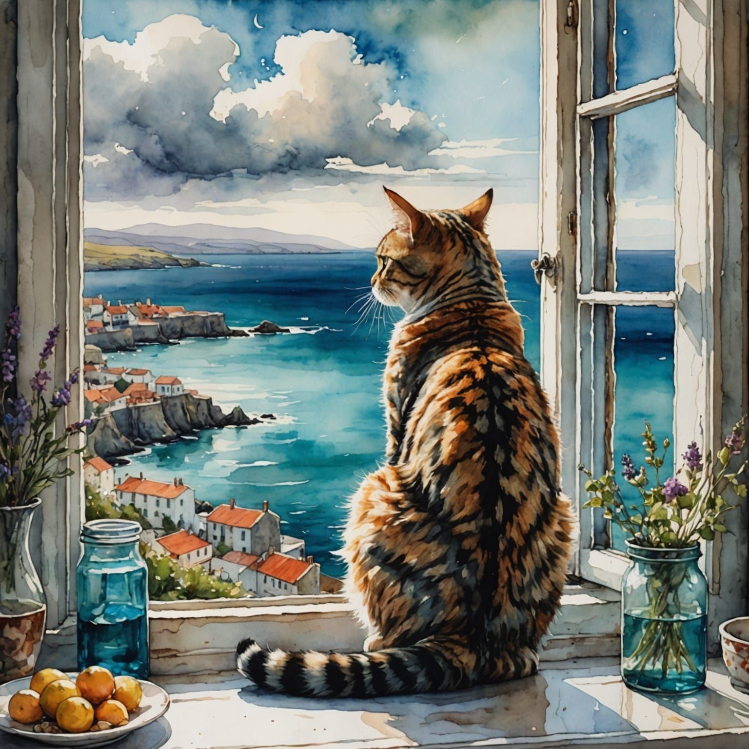 Tabby Cat Contemplates Sea View: Watercolor and Ink Art