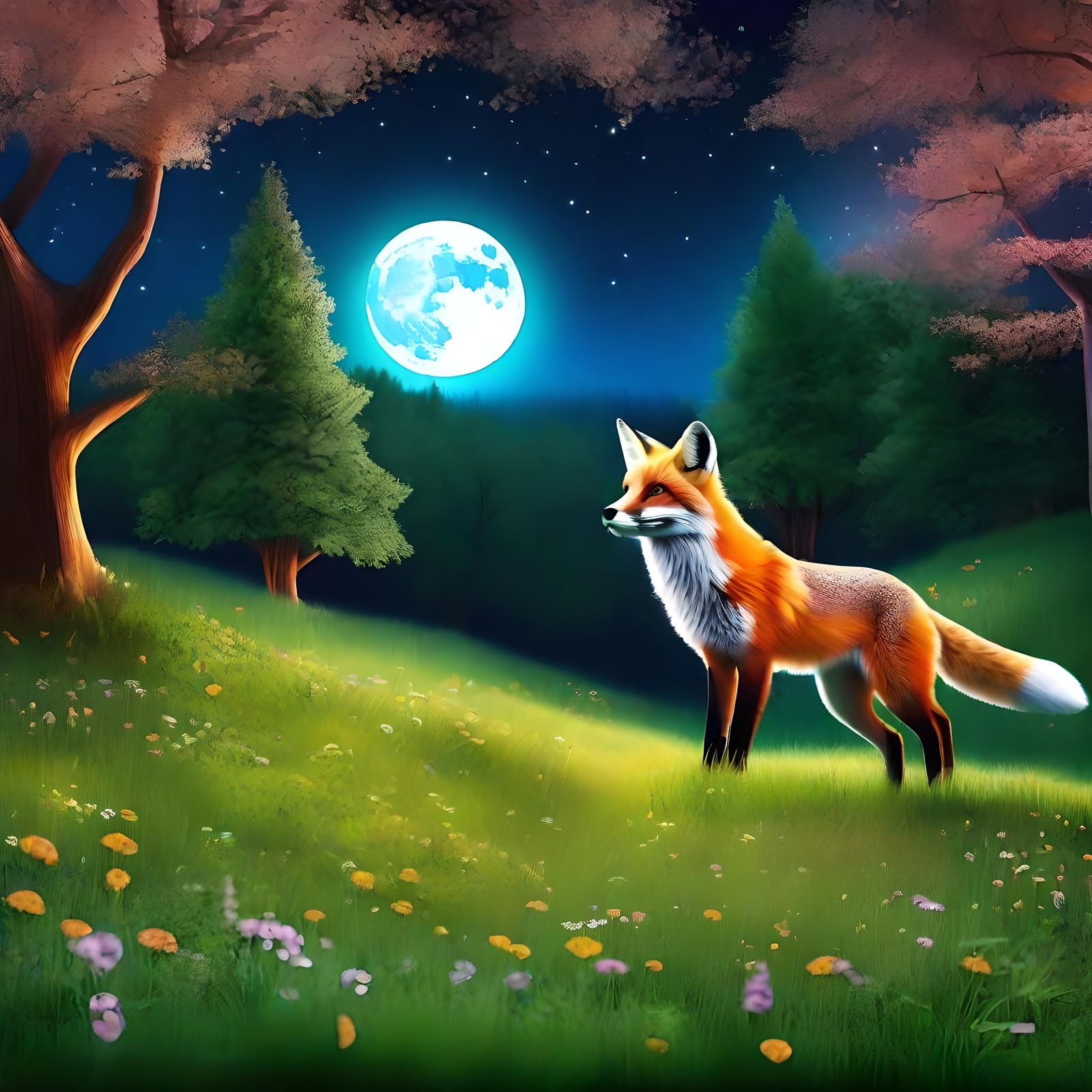 Fox in Meadow Under Moonlight Matte Painting