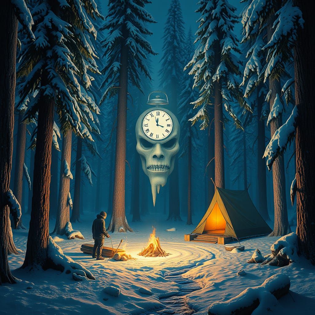 Analog Horror: Snow Golem in Whimsical Forest