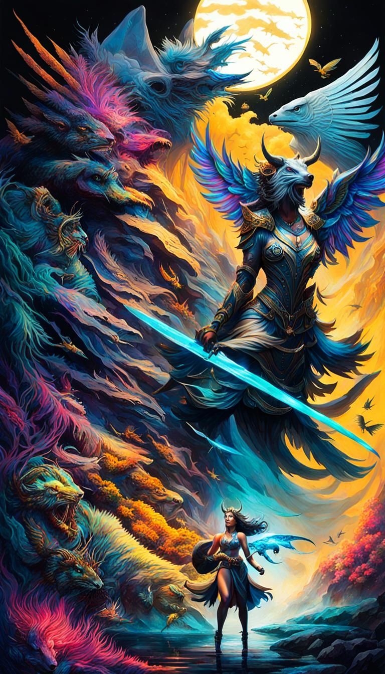 Hybrid Chimera Woman in Mixed-Media Astral Art