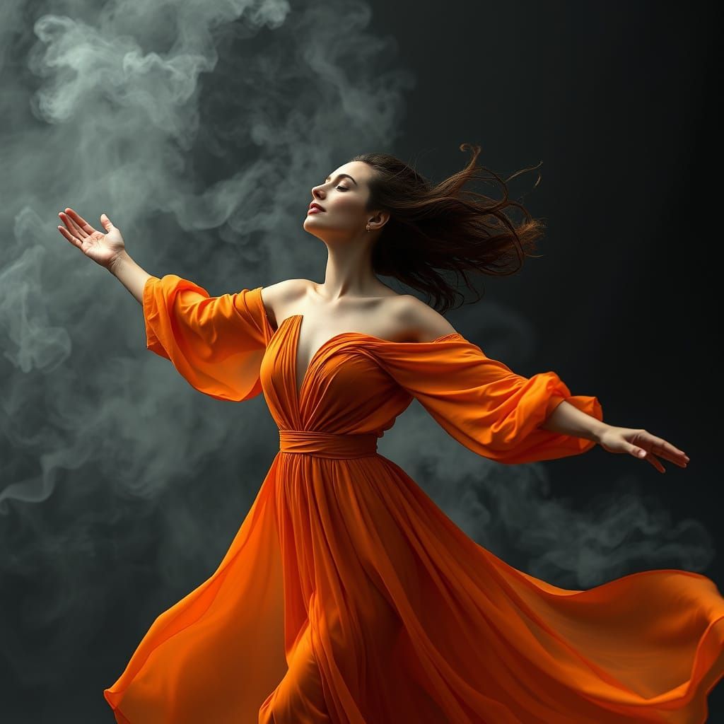 Woman in Flowing Orange Dress Amidst Smoky Enigma