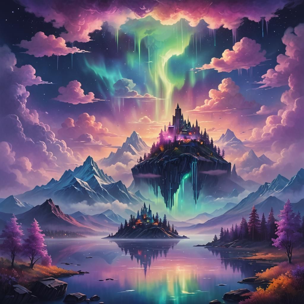 Floating Island City Amidst Aurora Borealis