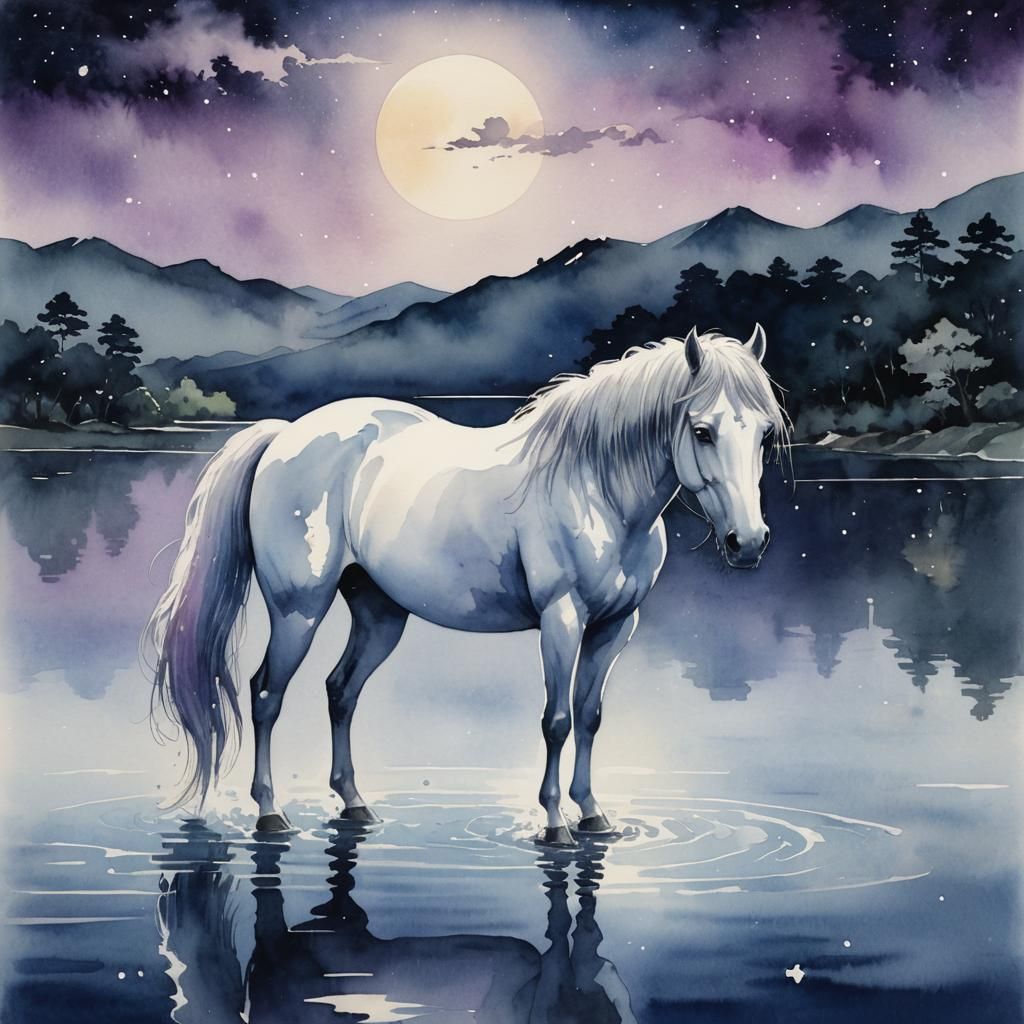 White Horse at Night in Anime Style