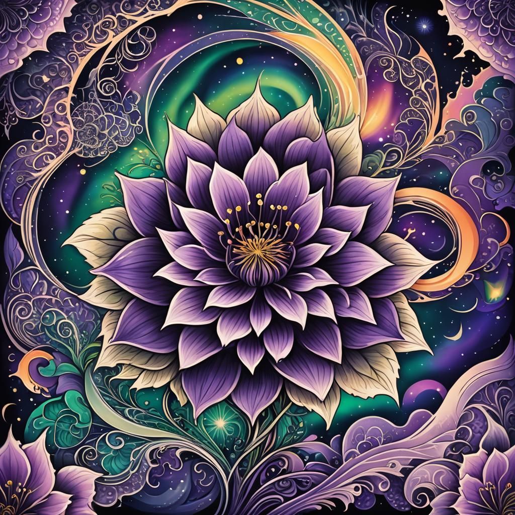 Violet Flower Tattoo with Aurora Borealis Design