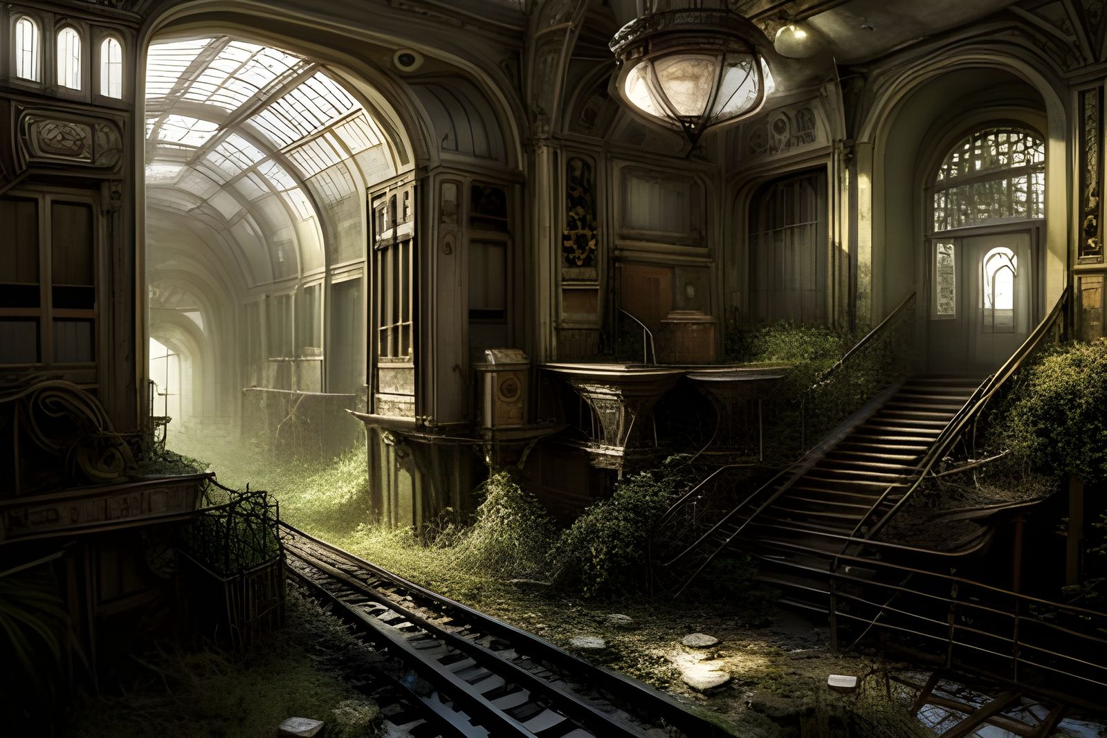 Dystopian Abandoned Train Station in Rococo Style