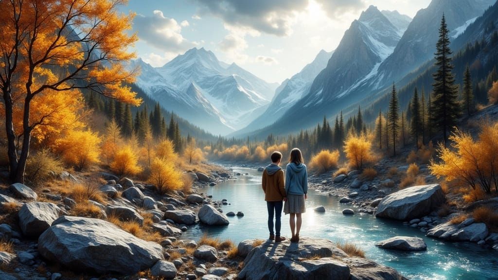 Autumn Mountain Forest Couple in Painterly Style