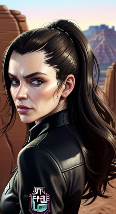 Symmetrical Comic Realism Portrait of a Lady in a Western Se...