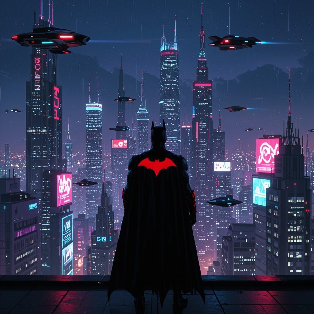 Futuristic Batsuit Figure Gazing Over Cyberpunk Cityscape
