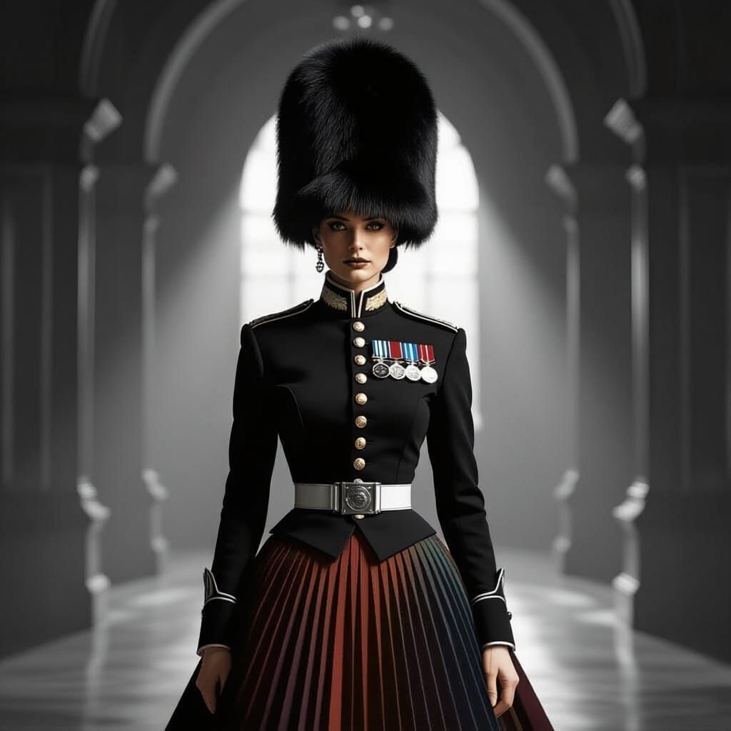 Regal Woman in Kings Guard Uniform with Bearskin Hat
