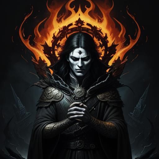 Battle-Scarred Sorcerer Summoning Fire, Dark Fantasy Illustr...