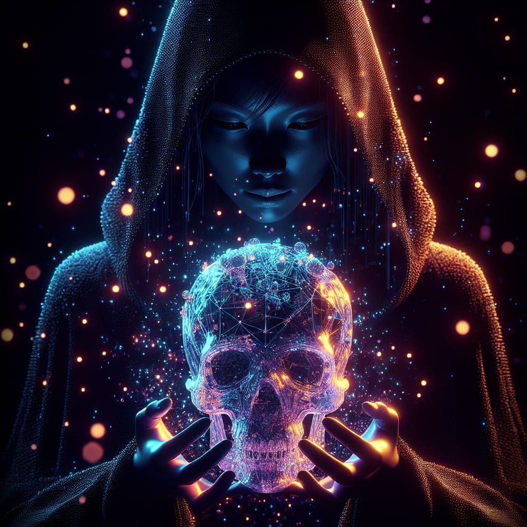 Glitchcore Woman with Luminescent Skull in Darkness