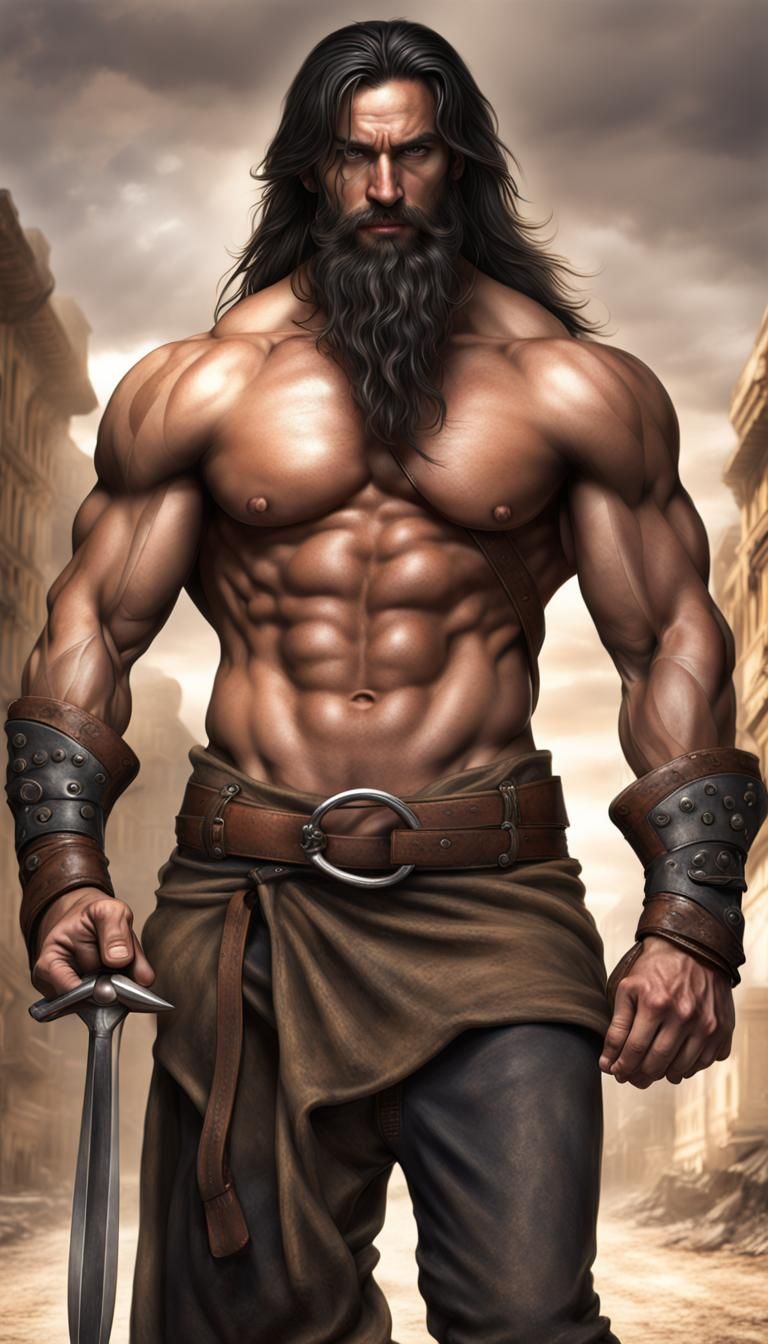 Muscular Warrior with Silver Eyes, Photorealistic HDR Portra...