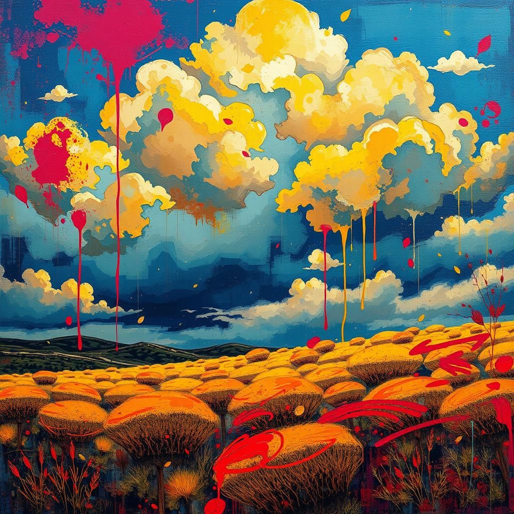 Sad Autumn Landscape with Crying Sky in Graffiti Style