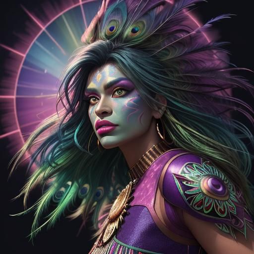 Rainbow Woman with Peacock Hair, Pixar-Inspired Art