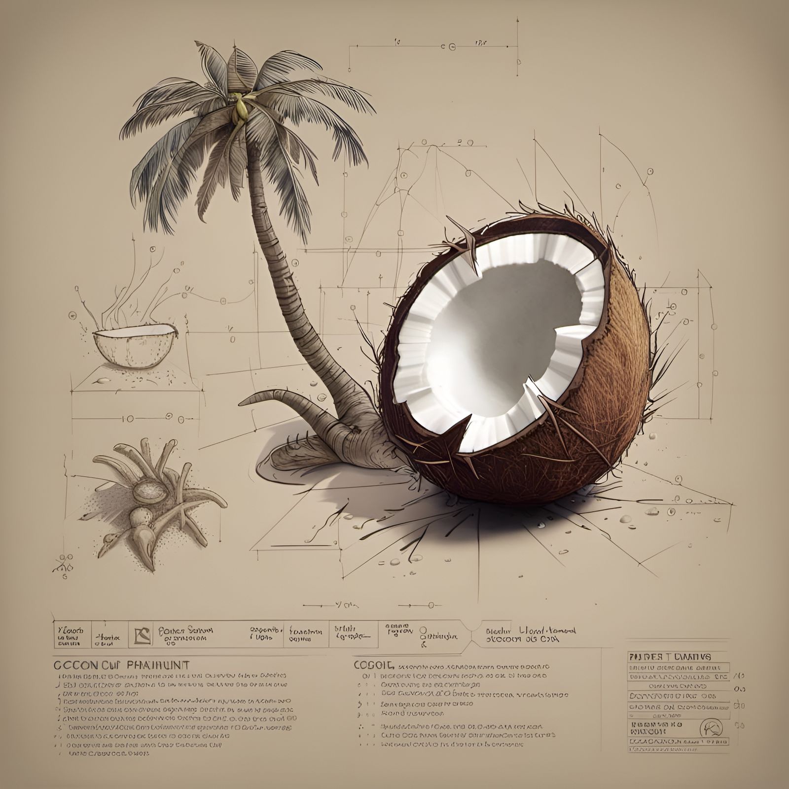 Coconut Blueprint: Detailed Diagram in Matte Painting Style