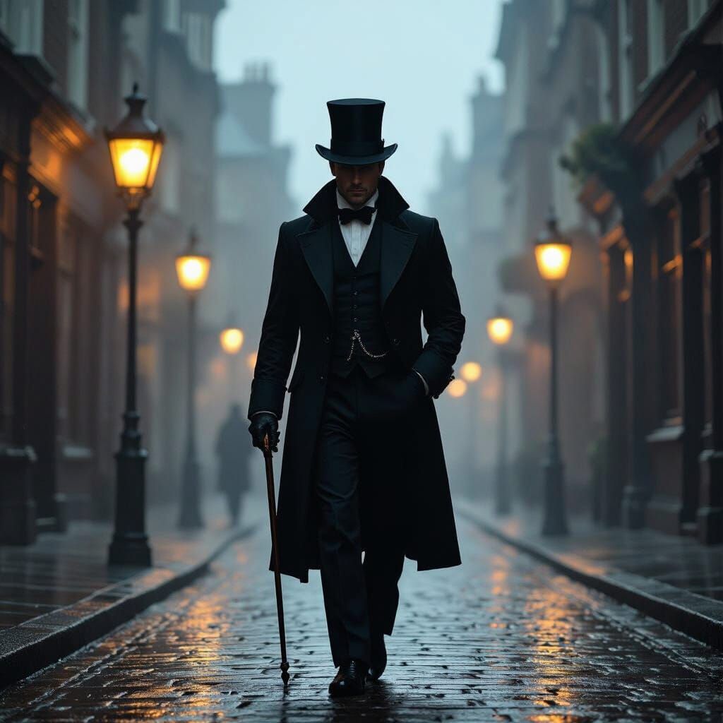 Victorian Gentleman Walks Foggy London Street