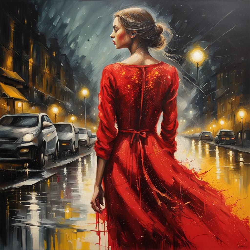 Night City Girl in Red Dress: Oil Painting