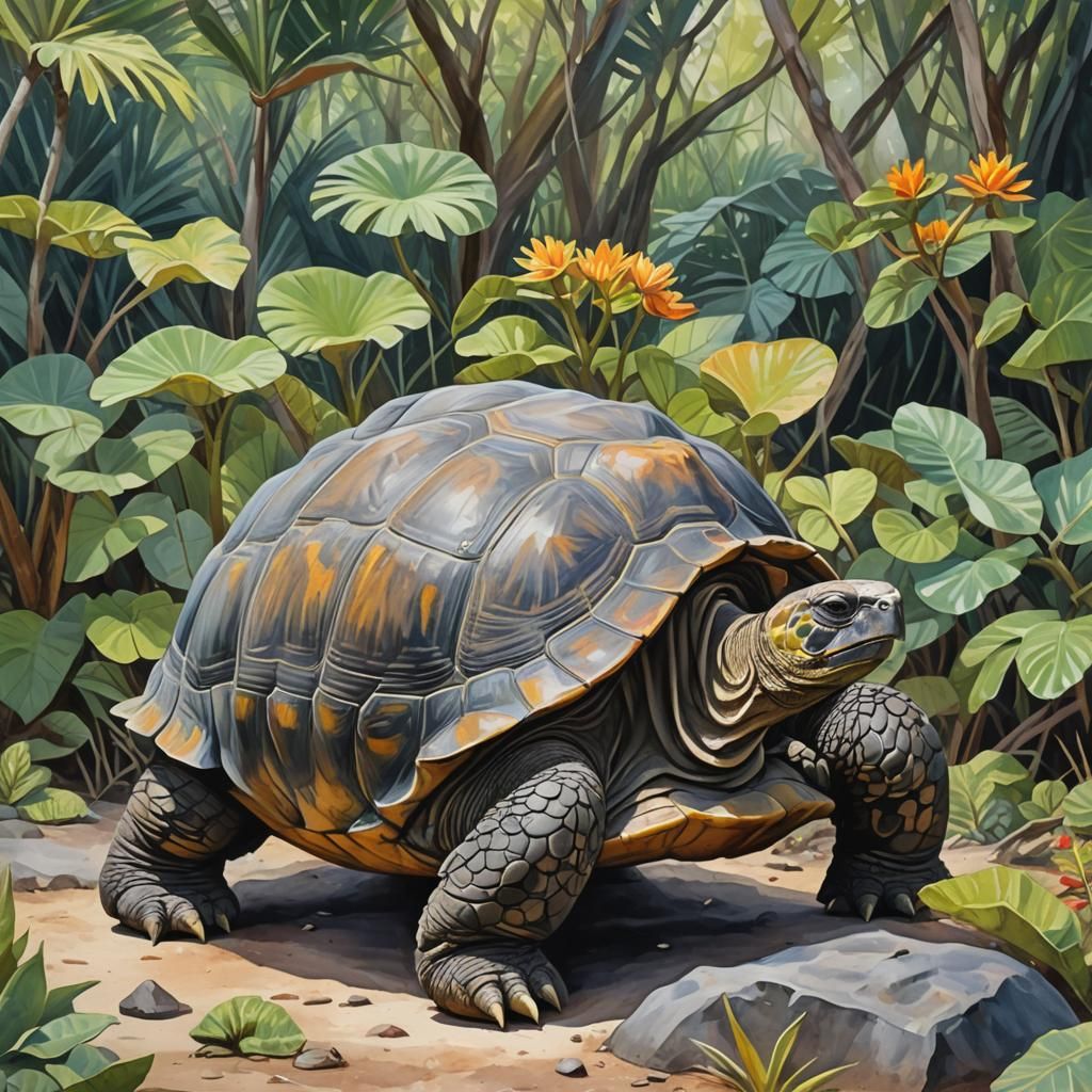 Galapagos Tortoise: Gouache Watercolor Impressionist Paintin...