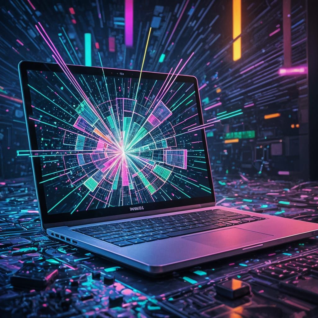Glitch Art: Futuristic Laptop Melting into Cyberpunk