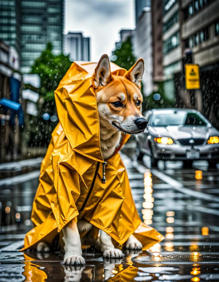 Hyperrealistic Shiba Inu in Raincoat Portrait