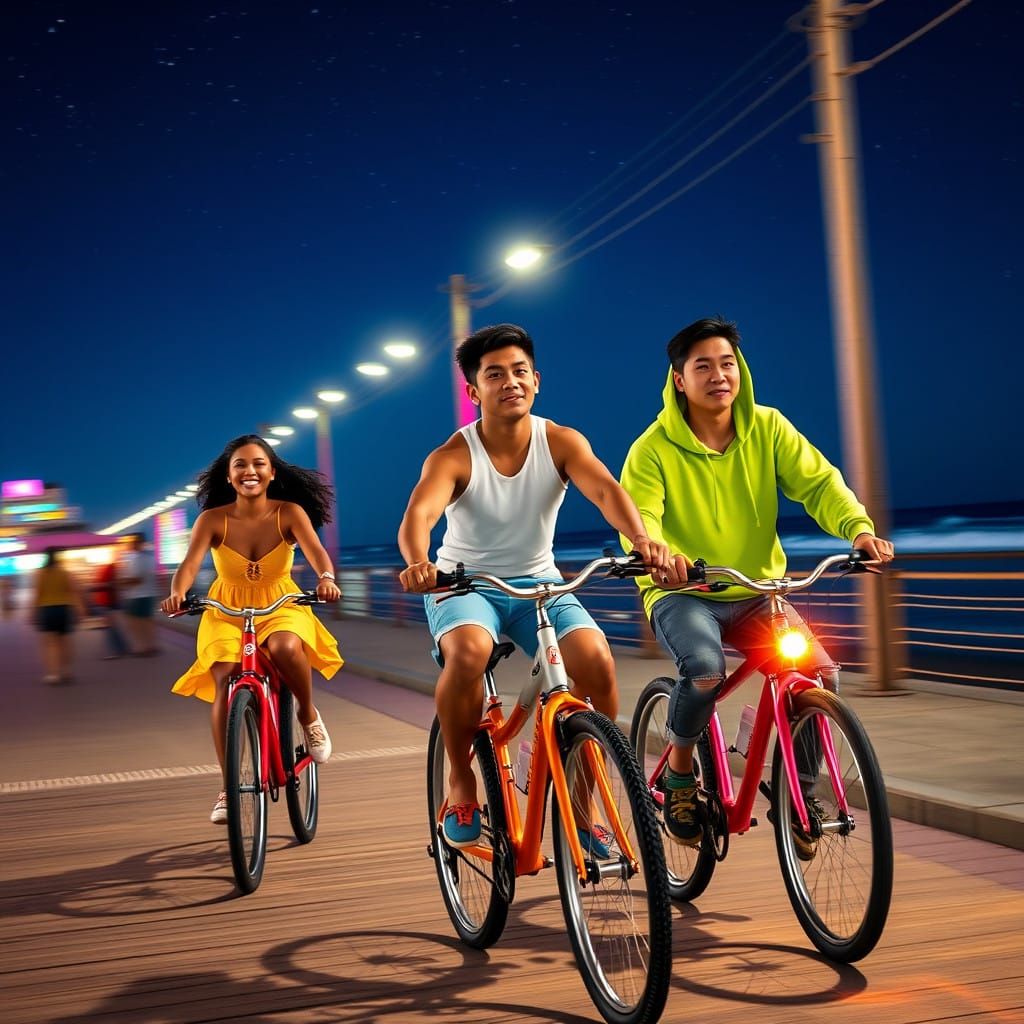 Vibrant Nighttime Beach Scene in 35mm Film Style