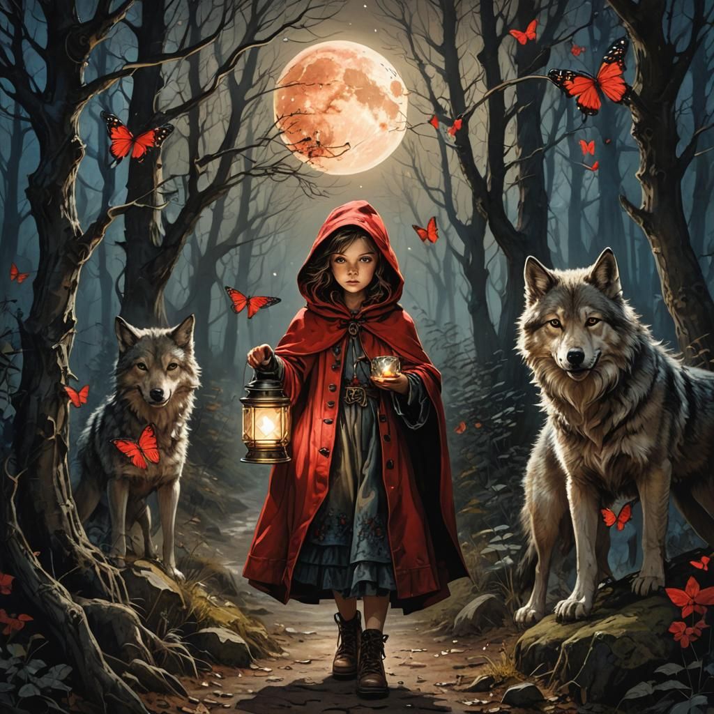 Red Riding Hood with Direwolf in Starry Forest