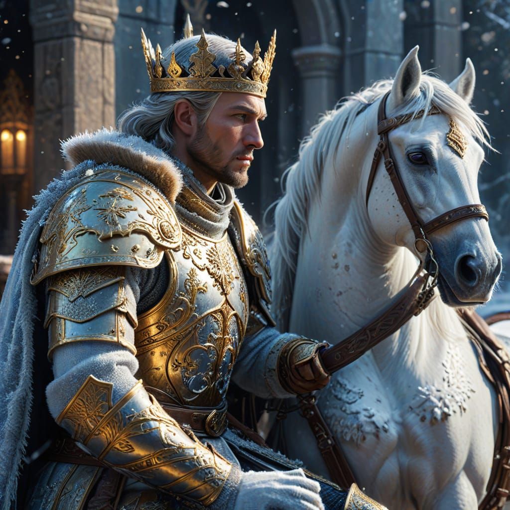 Majestic King in Frosty Armor, Guarded by Loyal Knight in Wi...