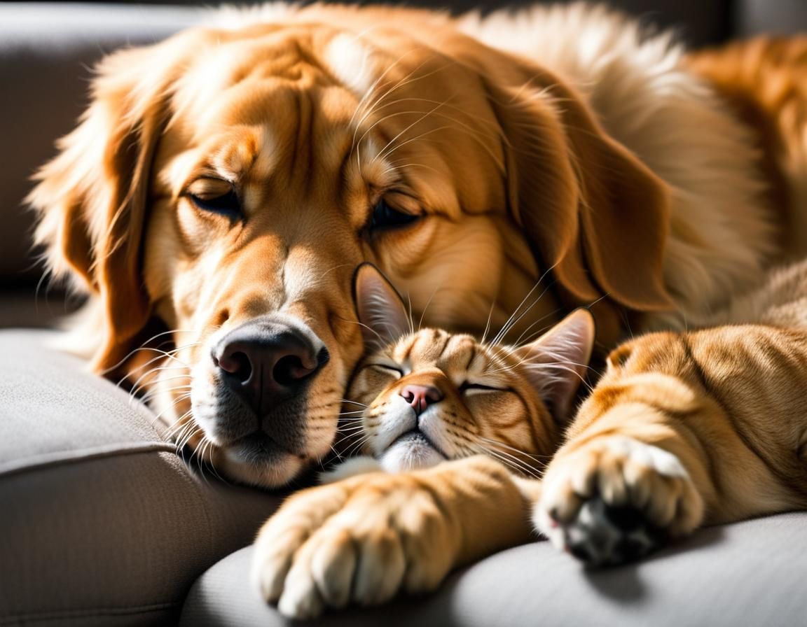 Tabby Cat Napping with Golden Retriever