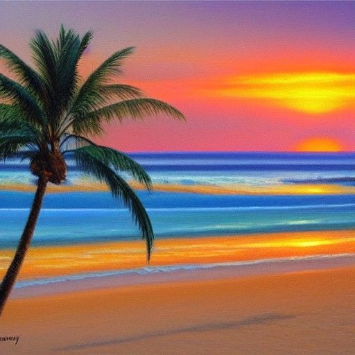 Beach Sunset Oil Painting with Palm Trees