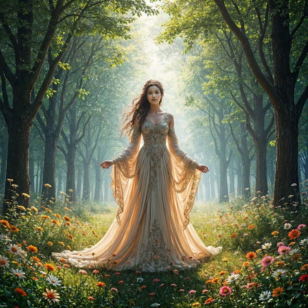 Empress in Sun-Dappled Forest Clearing: Fantasy Art