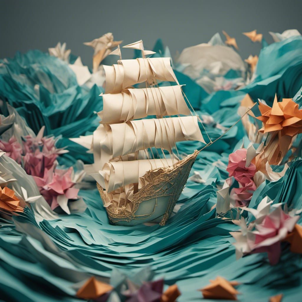 Origami Papercraft Ship and Mermaid in 3D Render