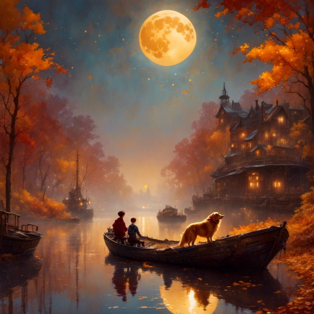 Boy and Dog by Lake in Gouache and Watercolor Style