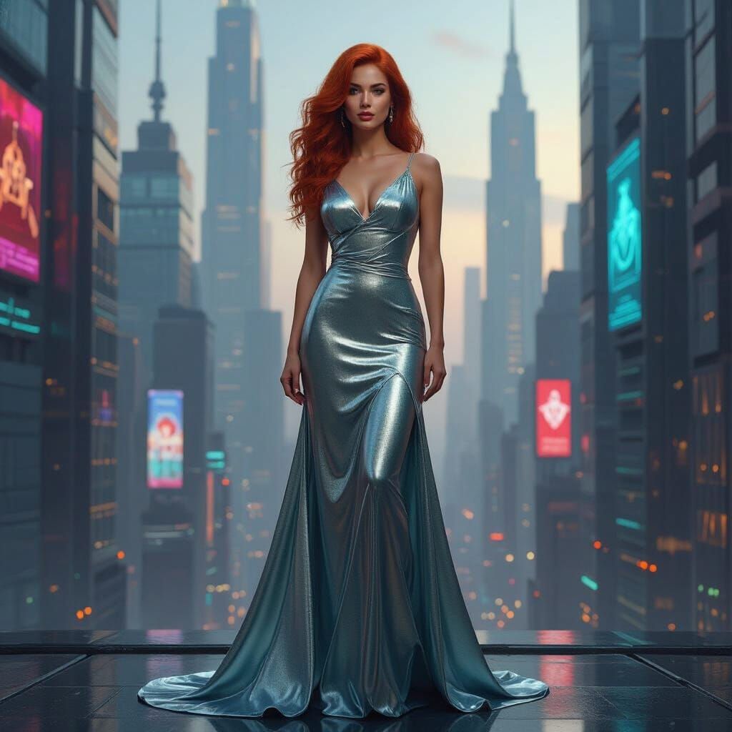 Futuristic Woman in Liquid Mercury Gown, Art Deco Style