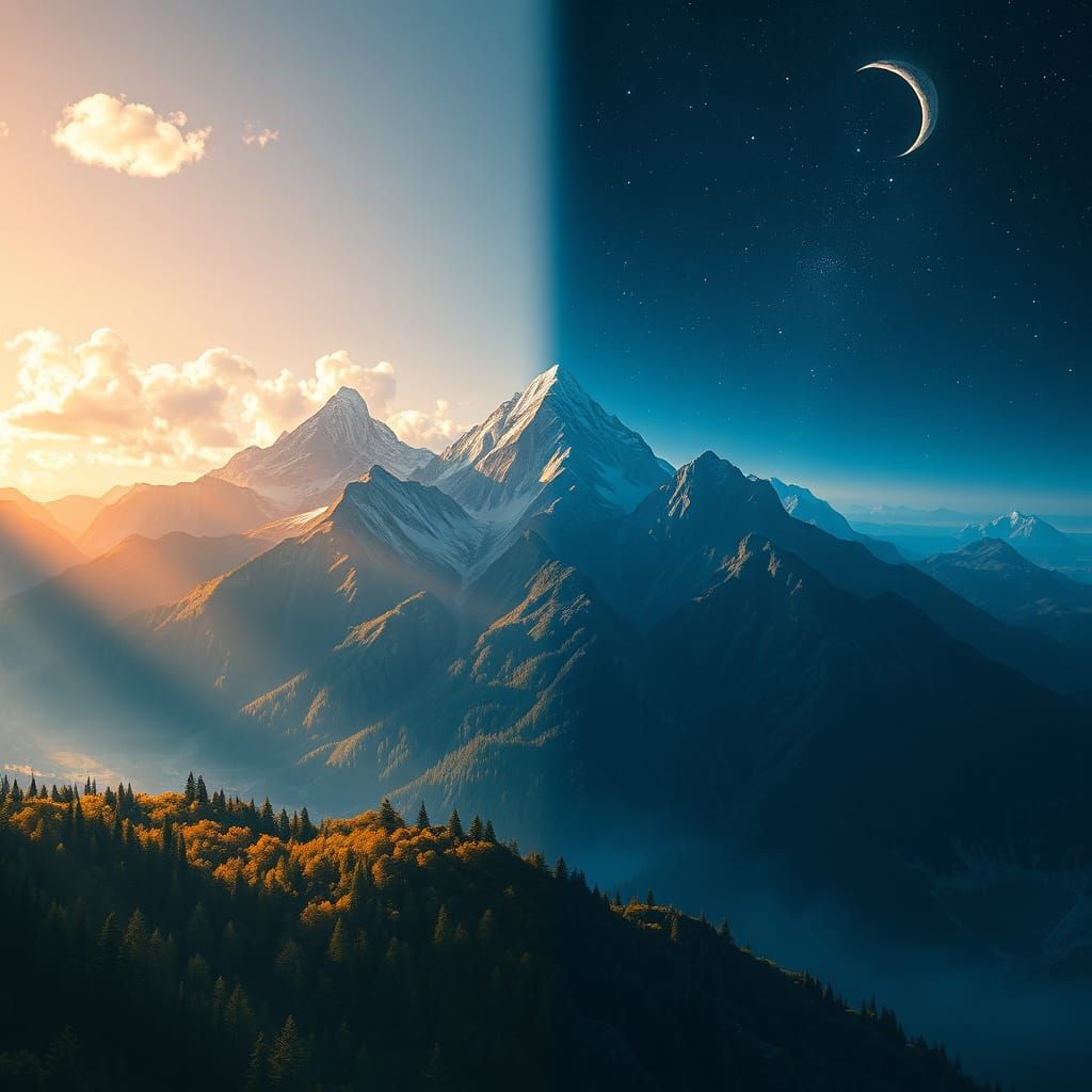 Majestic Mountain Range in Breathtaking Day-Night Contrast