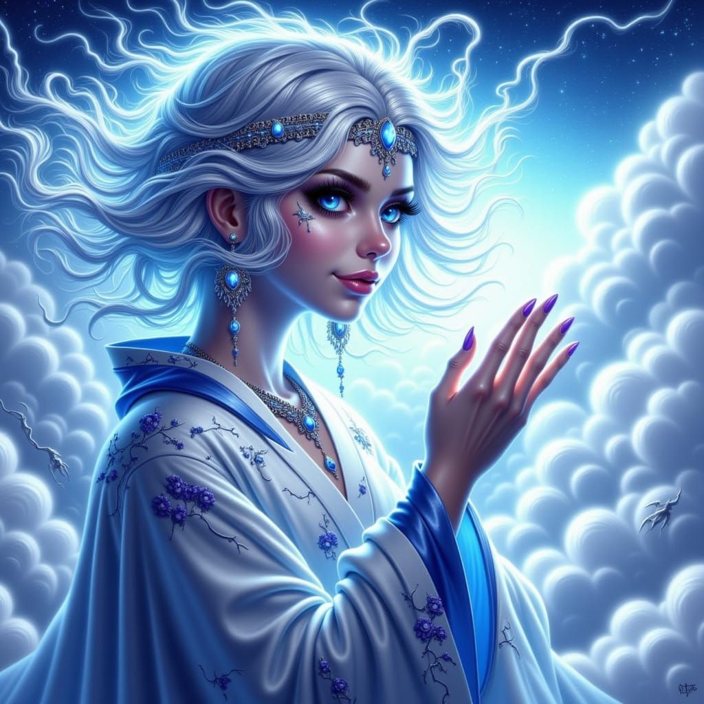 Serene Wind Oracle with Silver Hair in Ink Art Style