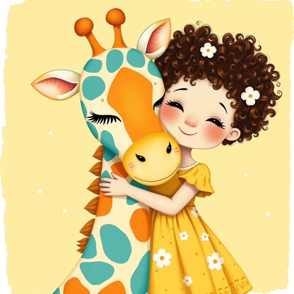 Gentle Giraffe Hug in Folk-Art Style