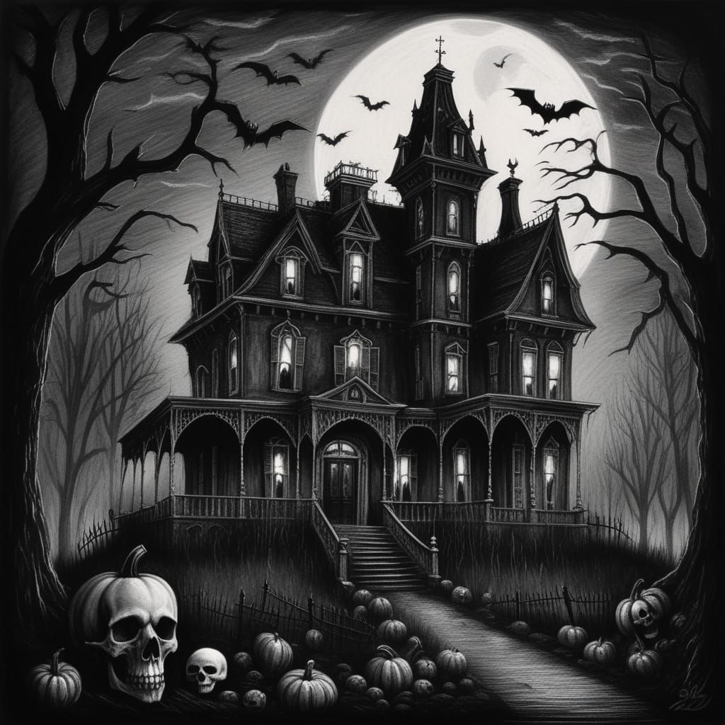 Penny Dreadful style haunted house at night, with a large pu...
