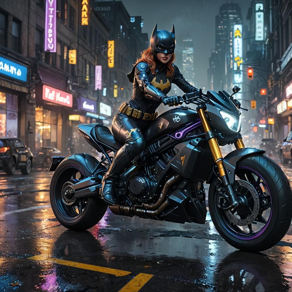 Batgirl Rides Motorcycle in Gotham: Anime-Inspired Art