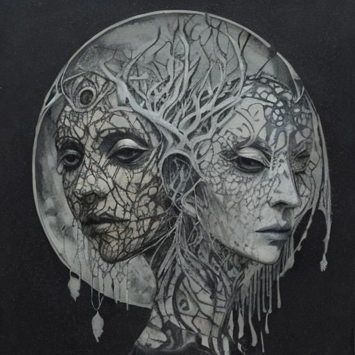 Surreal Double Exposure of Masked Figure Under Moon