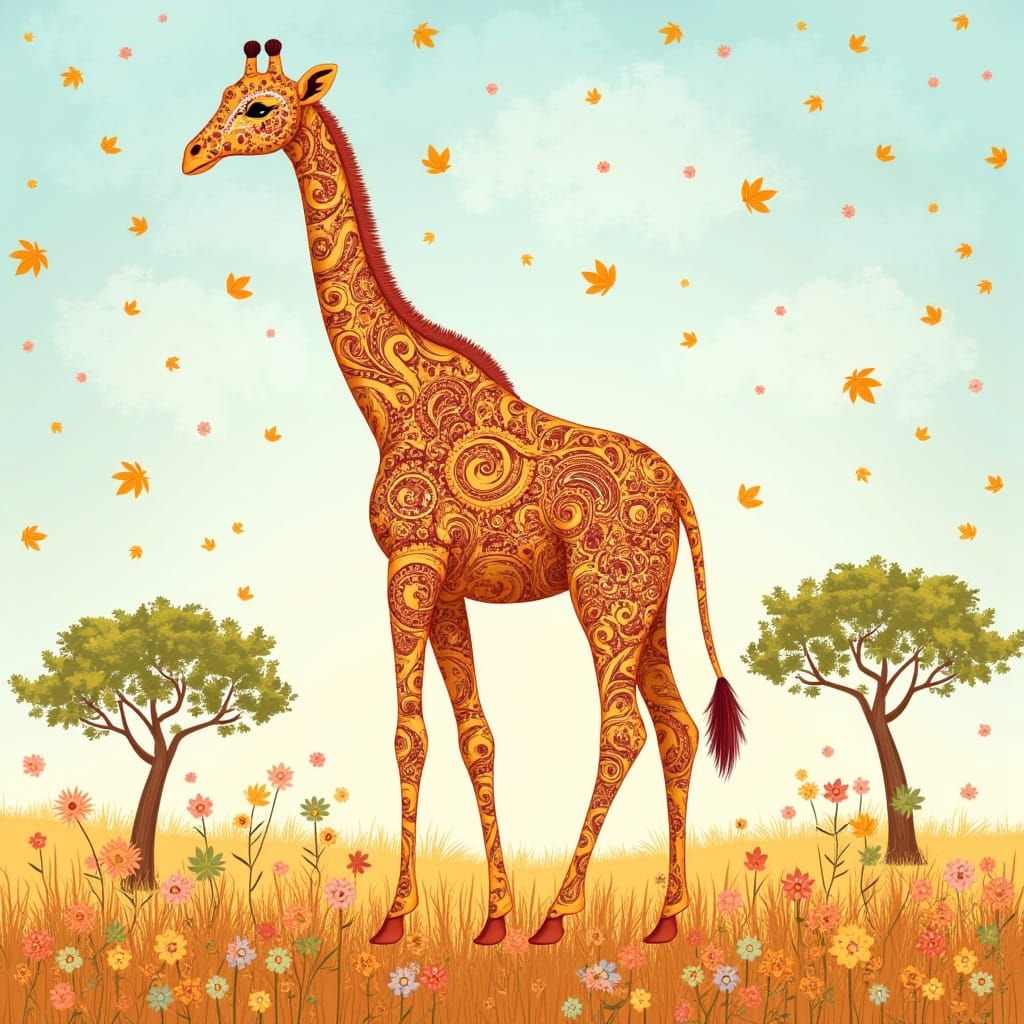 Giraffe with Paisley Patterns in Sunlit Savanna