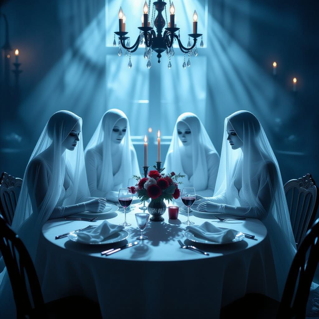Ethereal Valentine's Dinner with Ghosts Cinematic Film Still