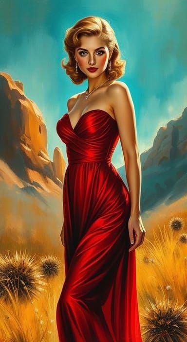 1950s Pin-Up in Impressionist Style with Red Dress