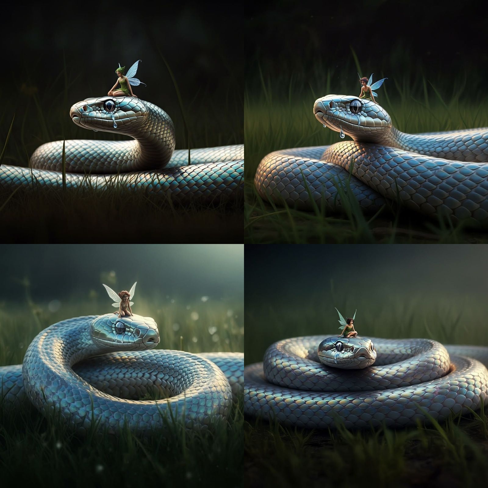 Iridescent Snake with Pixie in Grassy Meadow