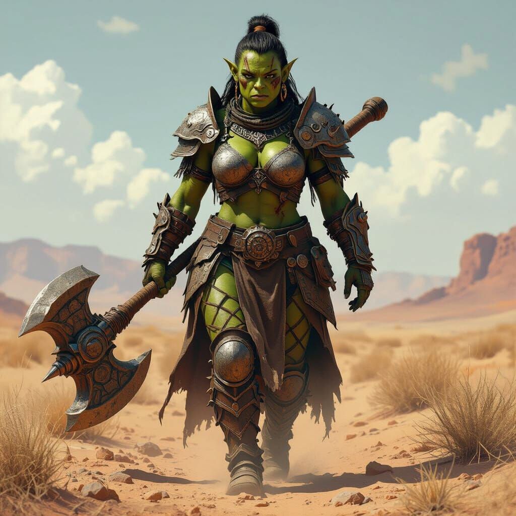 Battle-Scarred Orc with Earthbreaker in Arid Landscape