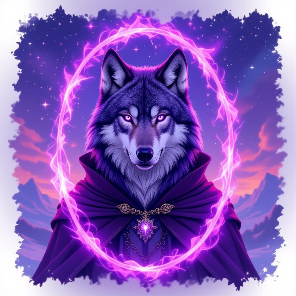 Purple Cosmic Wolf with Regal Aura, Cinematic Style