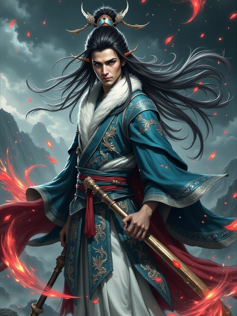 Heroic Storm Cultivator in Cyberpunk Fantasy Landscape