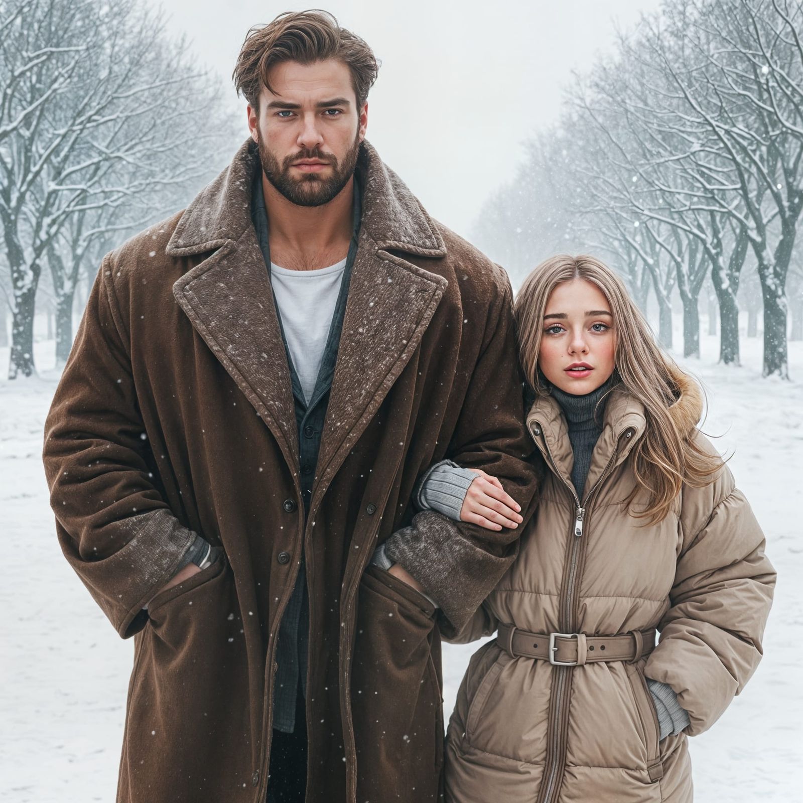 Man and Woman Walking in Winter Snowstorm