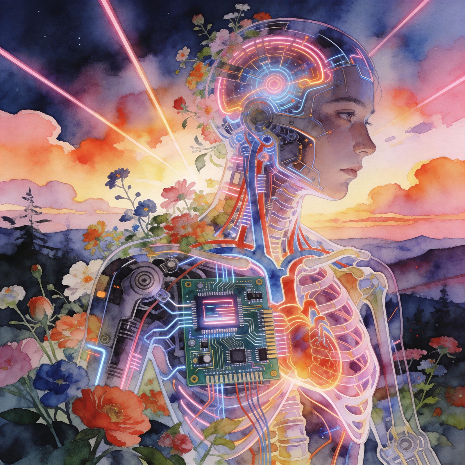 Neon Cyborgs in Lush Fantasy Landscape