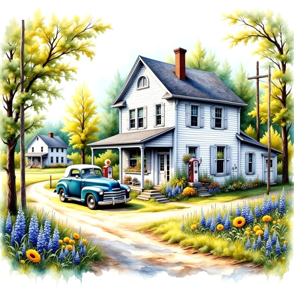 Springtime in a Rural Village, Watercolor Style